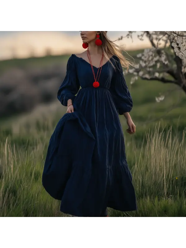 Elegant Navy Blue Maxi Dress With Puff Sleeves - Ootdmw.com 