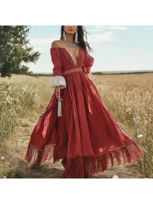 Bohemian Fashion Red Tassel Design Maxi Dress - Ootdmw.com 