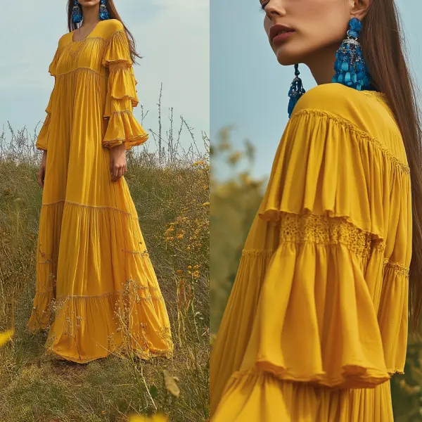Golden Yellow Tiered Maxi Dress With Ruffled Sleeves - Anurvogel.com 