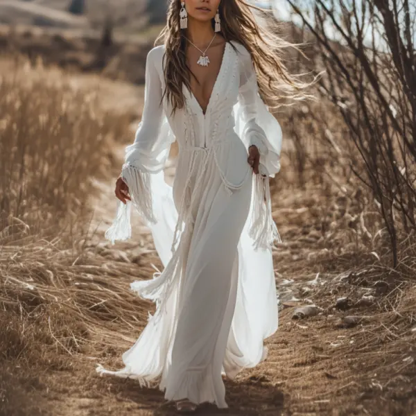 Bohemian White Flowy Dress With Tassels - Anurvogel.com 