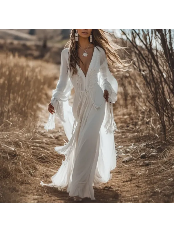 Bohemian White Flowy Dress With Tassels - Ootdmw.com 
