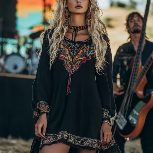 Coachella Music Festival Rock Party Carnival Vintage Wilderness Ethnic Bohemian Linen Dress - Anurvogel.com 