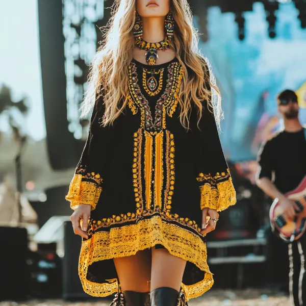 Coachella Music Festival Rock Party Carnival Vintage Wilderness Ethnic Bohemian Linen Dress - Anurvogel.com 