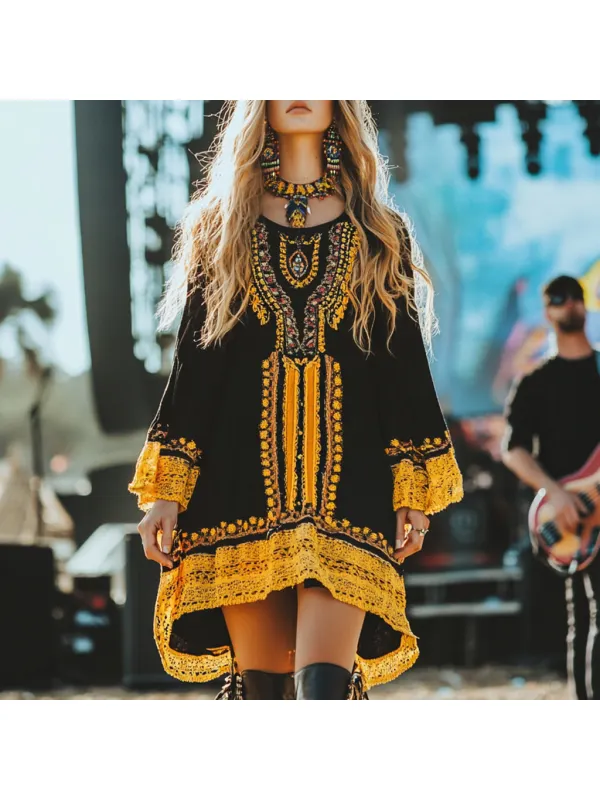 Coachella Music Festival Rock Party Carnival Vintage Wilderness Ethnic Bohemian Linen Dress - Ootdmw.com 