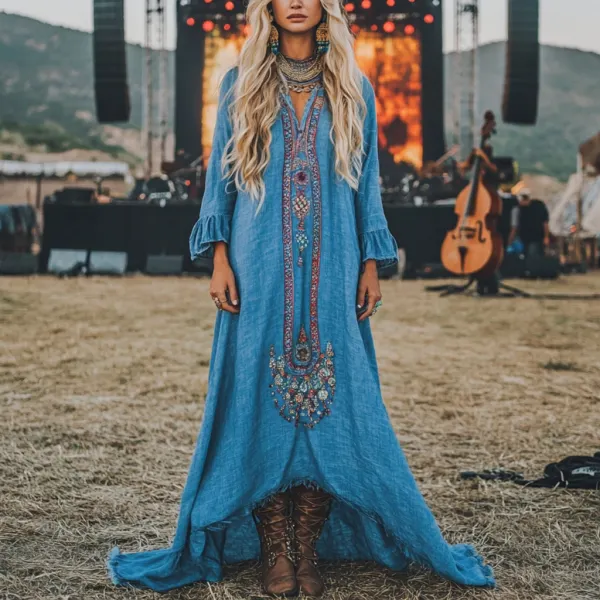 Coachella Music Festival Rock Party Carnival Vintage Wilderness Ethnic Bohemian Linen Dress - Anurvogel.com 