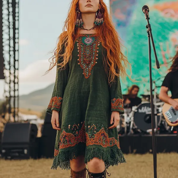 Coachella Music Festival Rock Party Carnival Vintage Wilderness Ethnic Bohemian Linen Dress - Anurvogel.com 