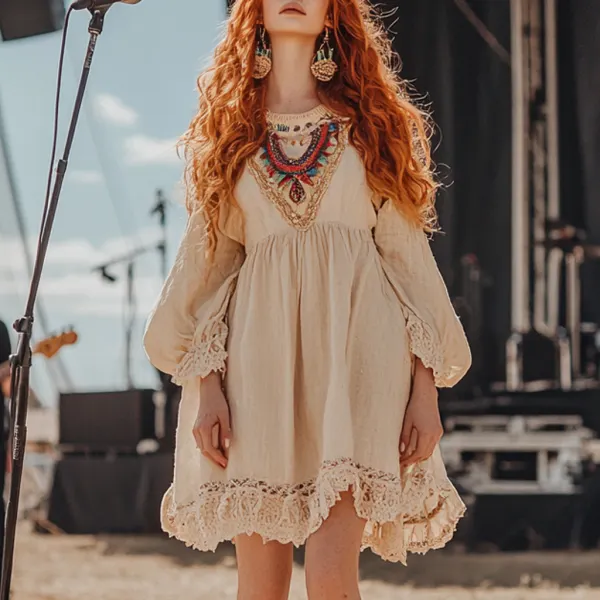 Coachella Music Festival Rock Party Carnival Vintage Wilderness Ethnic Bohemian Linen Dress - Anurvogel.com 
