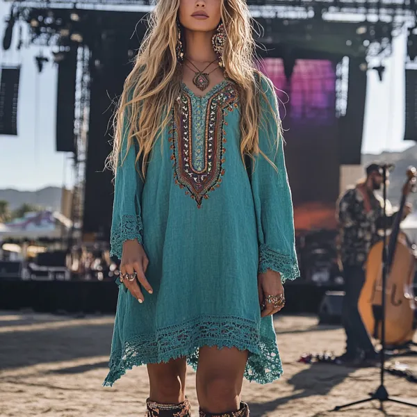Coachella Music Festival Rock Party Carnival Vintage Wilderness Ethnic Bohemian Linen Dress - Anurvogel.com 