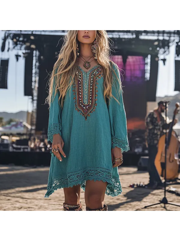 Coachella Music Festival Rock Party Carnival Vintage Wilderness Ethnic Bohemian Linen Dress - Anrider.com 