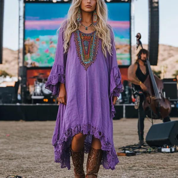 Coachella Music Festival Rock Party Carnival Vintage Wilderness Ethnic Bohemian Linen Dress - Anurvogel.com 