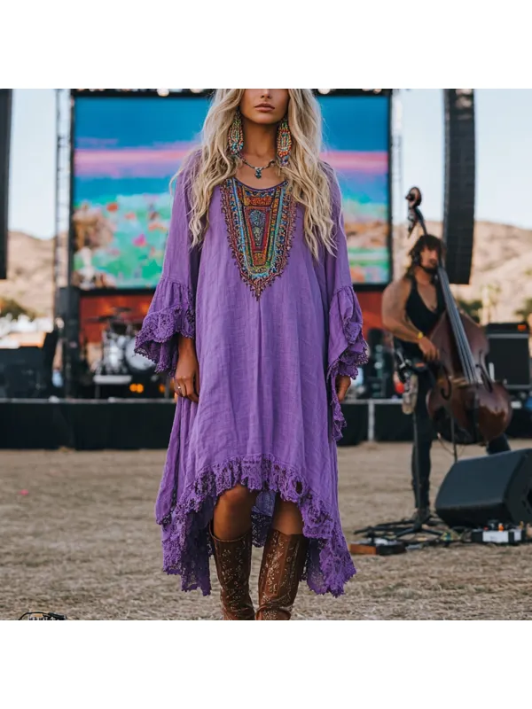 Coachella Music Festival Rock Party Carnival Vintage Wilderness Ethnic Bohemian Linen Dress - Ootdmw.com 