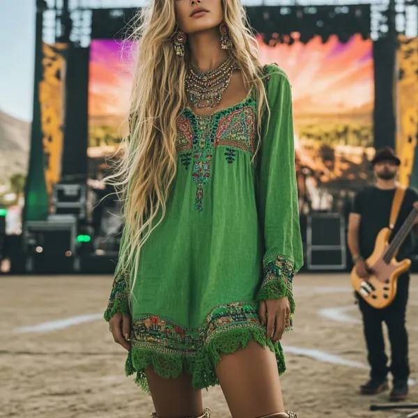 Coachella Music Festival Rock Party Carnival Vintage Wilderness Ethnic Bohemian Linen Dress - Anurvogel.com 