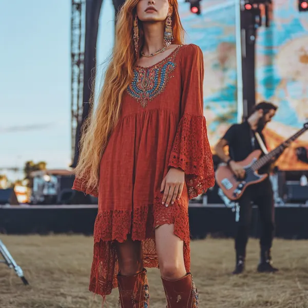 Coachella Music Festival Rock Party Carnival Vintage Wilderness Ethnic Bohemian Linen Dress - Anurvogel.com 