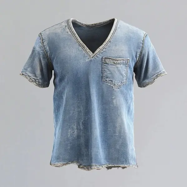 Men's Vintage Washed Denim V-Neck T-Shirt With Chest Pocket - Anurvogel.com 