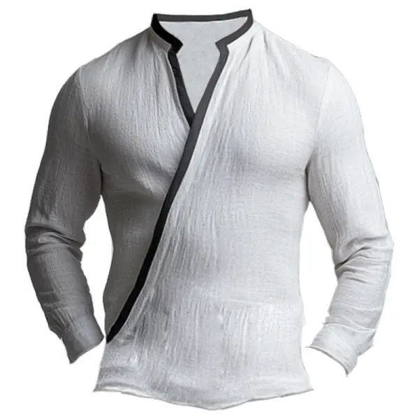Men's Elegant White Patchwork Linen Wrap Blend V-Neck Shirt - Anurvogel.com 