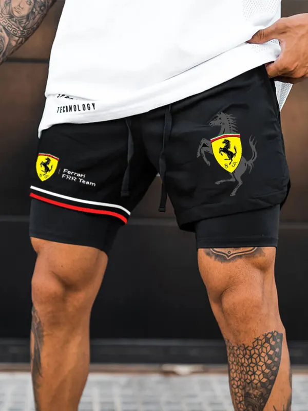 Men's Ferrari Logo Print Double Layer Sports Shorts - Wantbright.com 