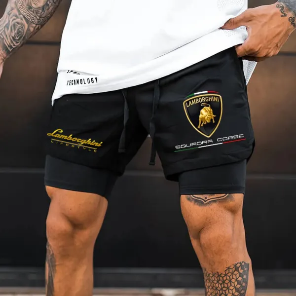 Men's Porsche Logo Print Double Layer Running Sports Shorts - Wayrates.com 