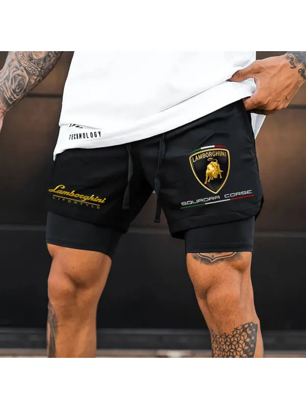 Men's Logo Print Double Layer Sports Shorts - Aptkoi.com 