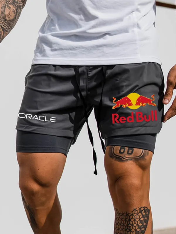 Men's Red Bull Print Double Layer Sports Shorts - Pragmaace.com 