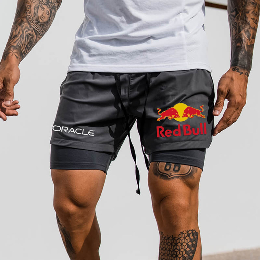 

Men's Print Double Layer Sports Red Bull Shorts