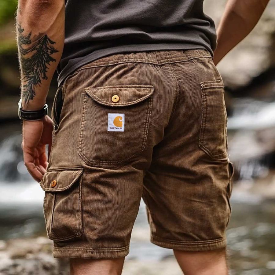 

Men's Outdoor Adventure Corduroy Multi-Pocket Brown Cargo Shorts