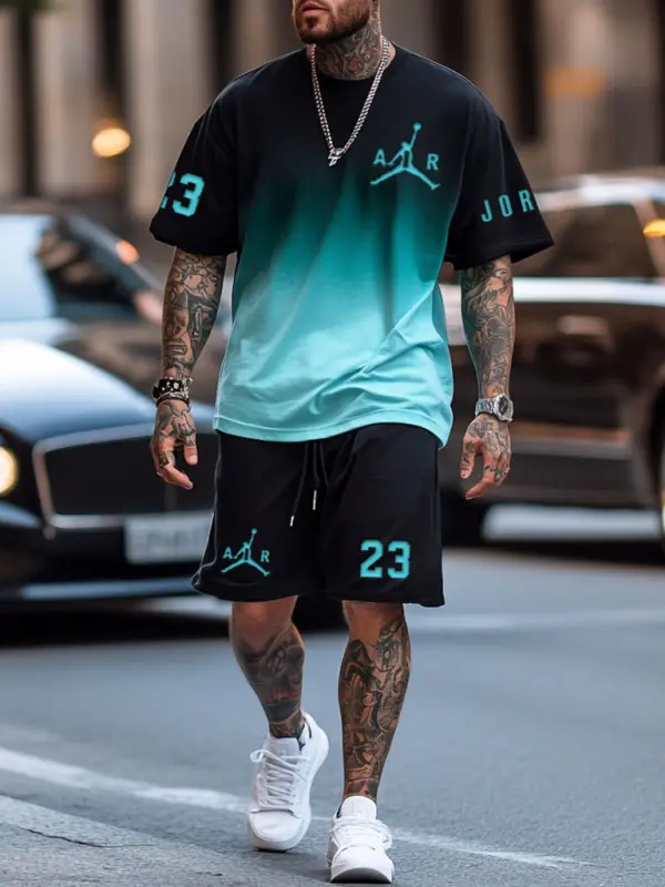 Unisex Basketball Print Black And Teal Gradient Oversized Streetwear Short-Sleeved T-shirt And Shorts Set - Pragmaace.com 