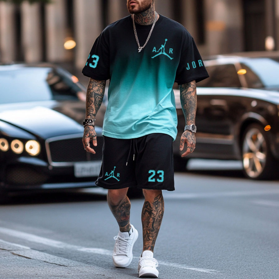 

Unisex Basketball Print Black And Teal Gradient Oversized Streetwear Short-Sleeved T-shirt And Shorts Set