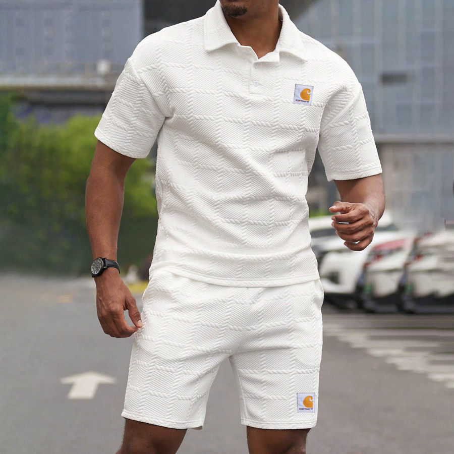 

Men's Solid Color Texture Minimalist Short Sleeve Golf Polo Shirt And Shorts Set