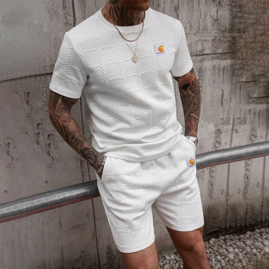 

Men's Solid Color Texture Quilted Crew Neck Short Sleeve T-Shirt And Shorts Set