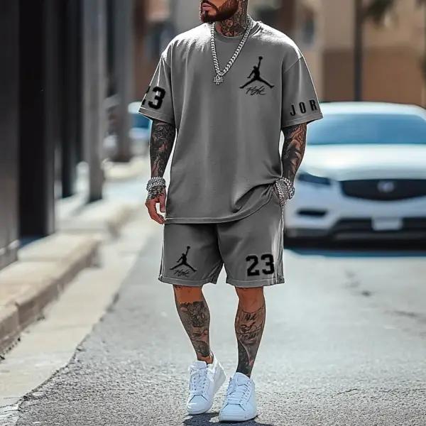 Unisex Basketball Print Oversized Streetwear Gray Short-Sleeved T-shirt And Shorts Set - Cotosen.com 