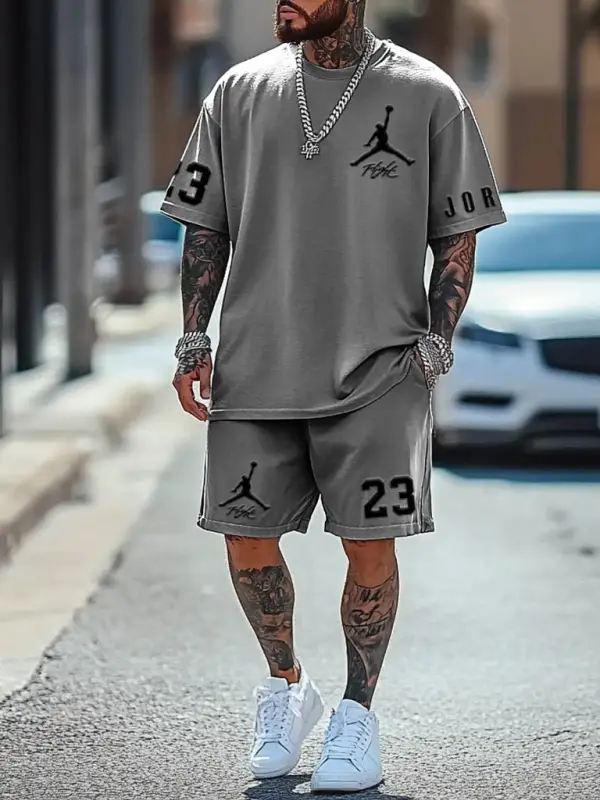 Unisex Basketball Print Oversized Streetwear Gray Short-Sleeved T-shirt And Shorts Set - Pragmaace.com 
