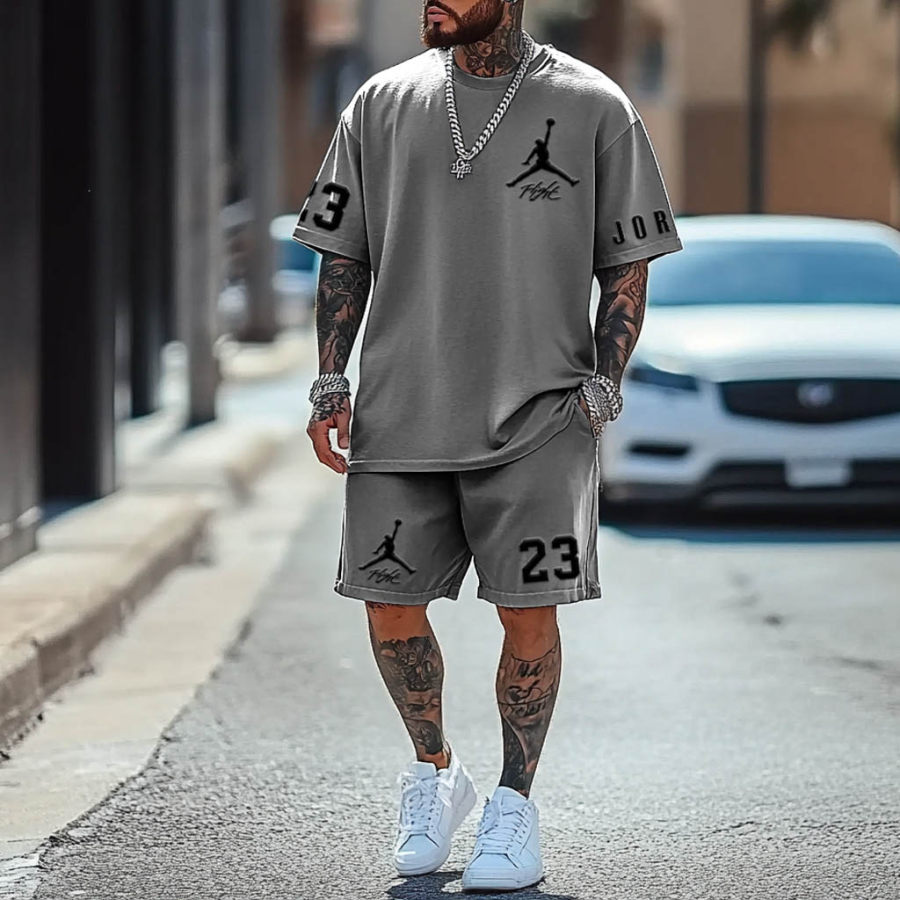 

Unisex Basketball Print Oversized Streetwear Gray Short-Sleeved T-shirt And Shorts Set