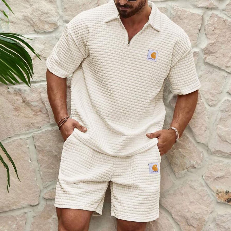 

Men's Textured Quilted Apricot Short Sleeve Zipper Polo Shirt And Shorts Set