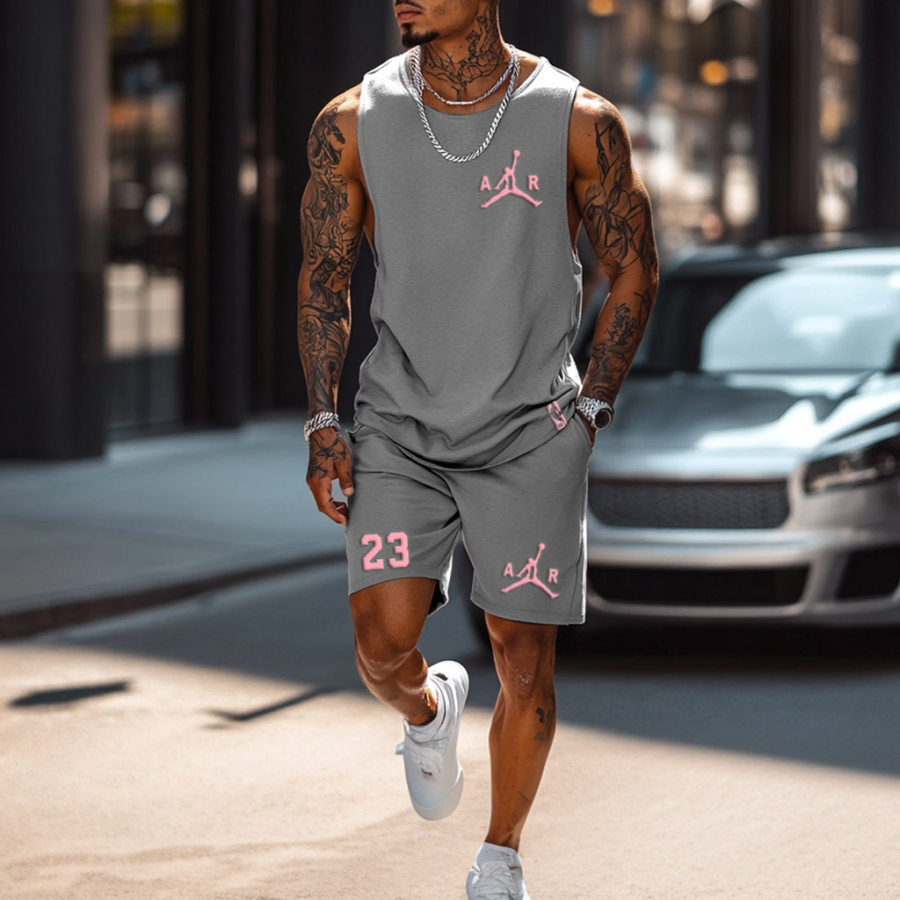 

Unisex Basketball Print Streetwear Gray Tank Top And Shorts Set