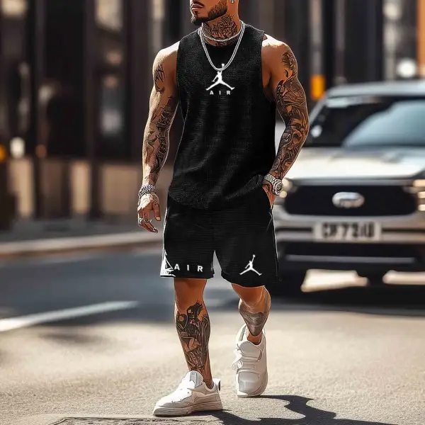 Unisex Waffle Knit Basketball Print Streetwear Black Sleeveless Tank Top And Shorts Set - Cotosen.com 