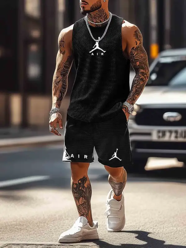 Unisex Waffle Knit Basketball Print Streetwear Black Sleeveless Tank Top And Shorts Set - Pragmaace.com 