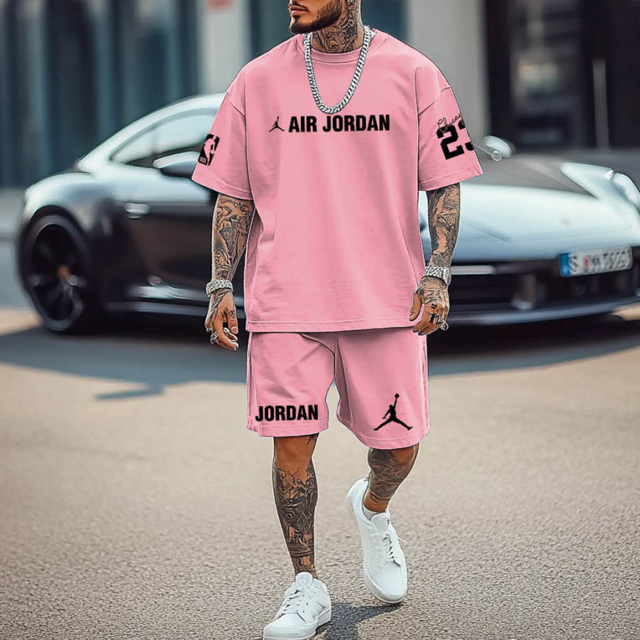 

Unisex Basketball Print Oversized Streetwear Light Pink Short-Sleeved T-shirt And Shorts Set