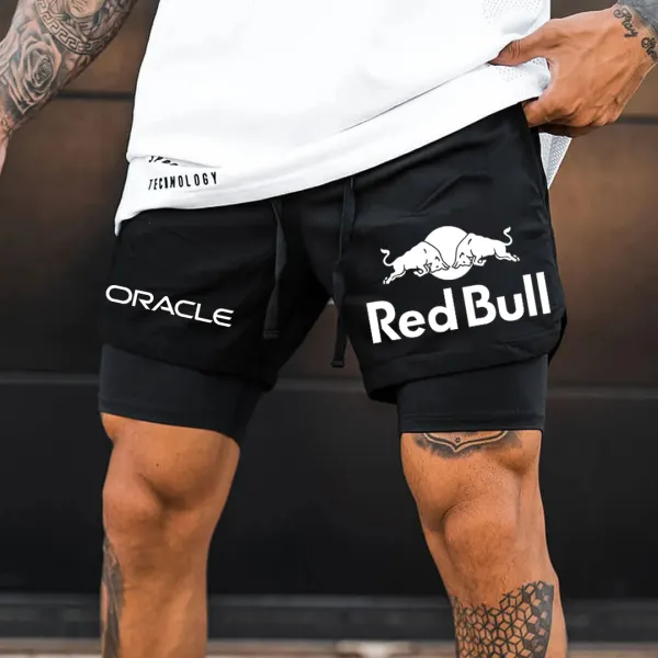 Men's Red Bull Logo Print Double Layer Sports Shorts - Cotosen.com 