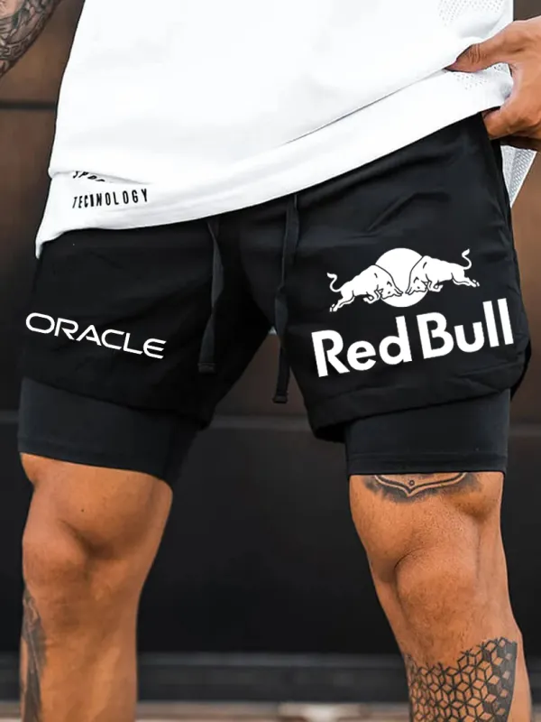 Men's Red Bull Logo Print Double Layer Sports Shorts - Menbarn.com 