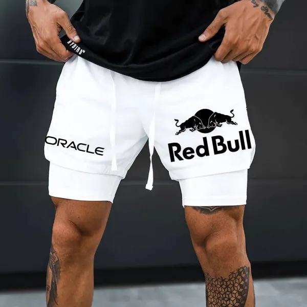 Men's Red Bull Logo Print Double Layer Sports White Shorts - Upgradecool.com 