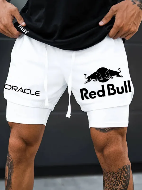 Men's Red Bull Logo Print Double Layer Sports White Shorts - Wantbright.com 