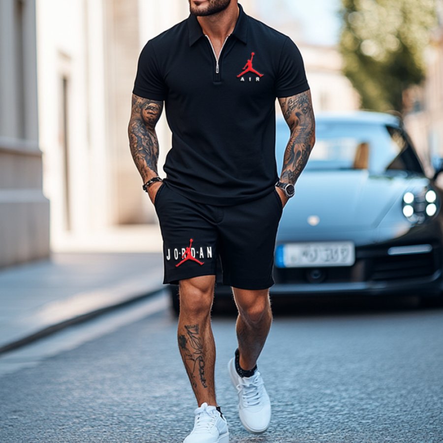 

Unisex Basketball Black Zipper Polo Print T-shirt And Shorts Set