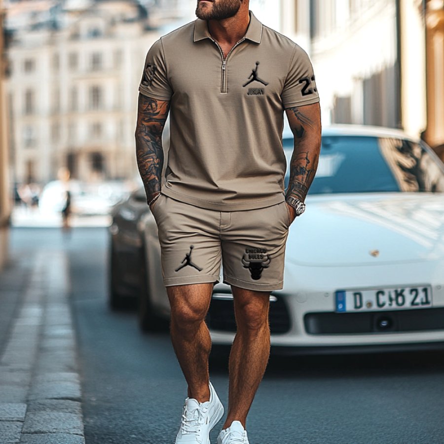 

Unisex Basketball Khaki Bull Zipper Polo Print T-shirt And Shorts Set