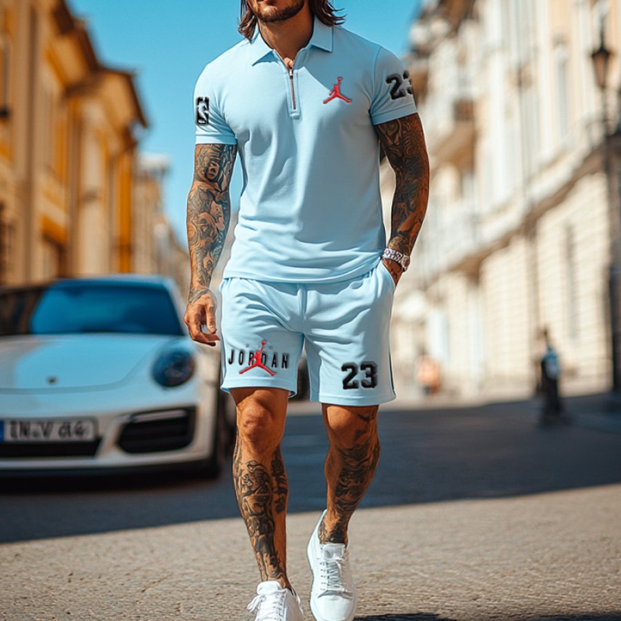 

Unisex Basketball Sky Blue Zipper Polo Print T-shirt And Shorts Set