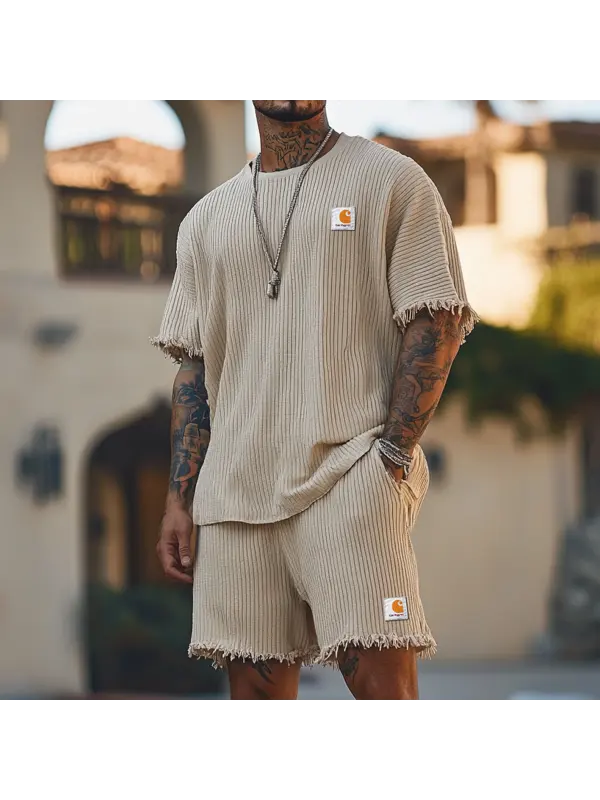 Men's Vintage Apricot Thick Corduroy Fabric Knit T-shirt And Shorts Two-piece Set - Aptkoi.com 