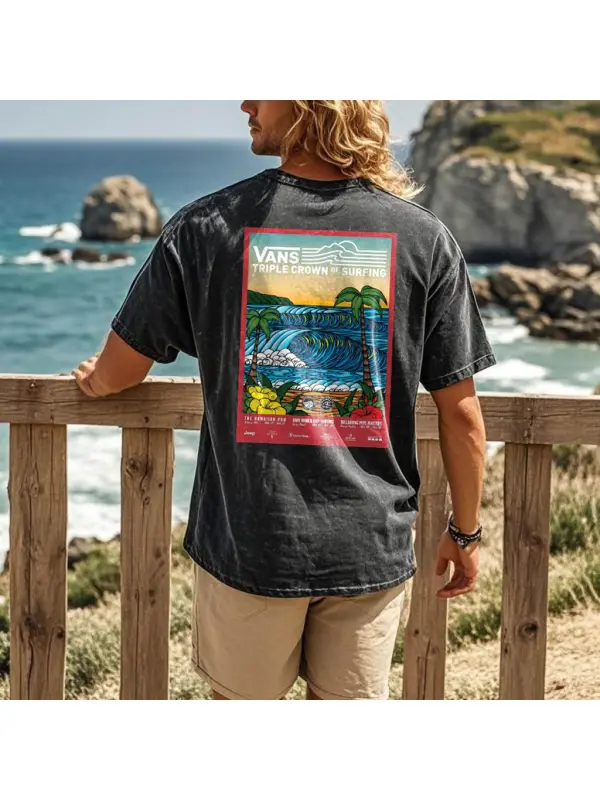 Men's Vintage Surf Poster Graphic Print Washed Cotton Crew Neck Short Sleeve T-Shirt - Shopyiyistories.com 
