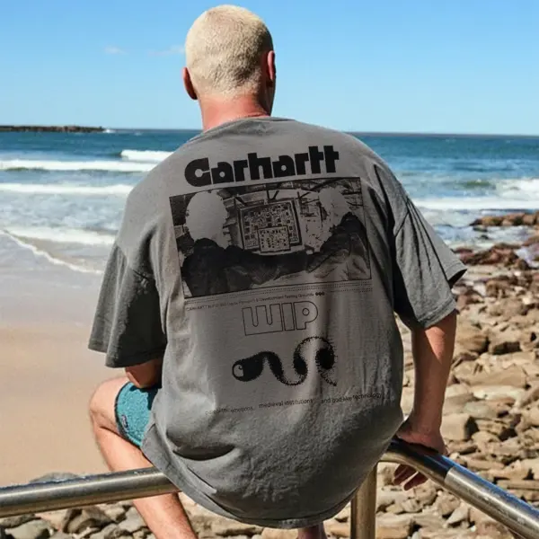 Unisex Surf Wave Graphic Print Oversized Deep Gray Short Sleeve T-Shirt - Menzfolk.com 