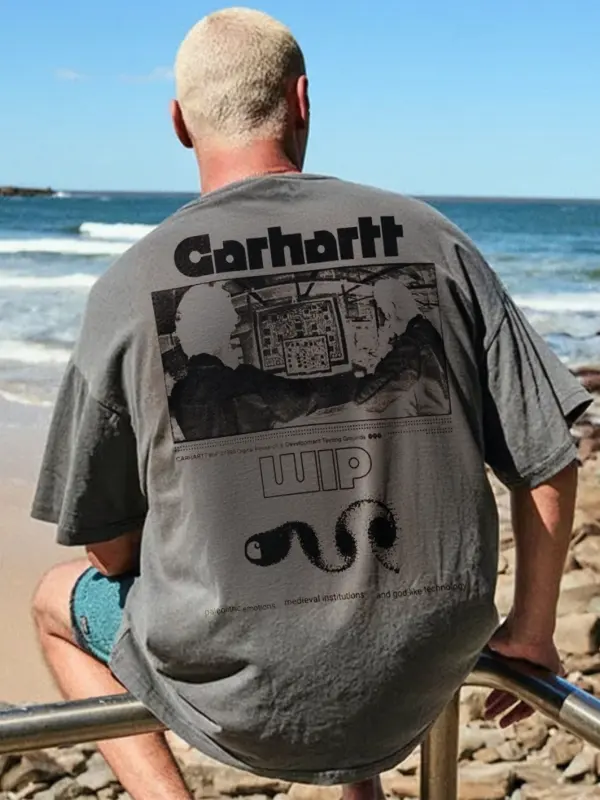 Unisex Surf Wave Graphic Print Oversized Deep Gray Short Sleeve T-Shirt - Menbarn.com 