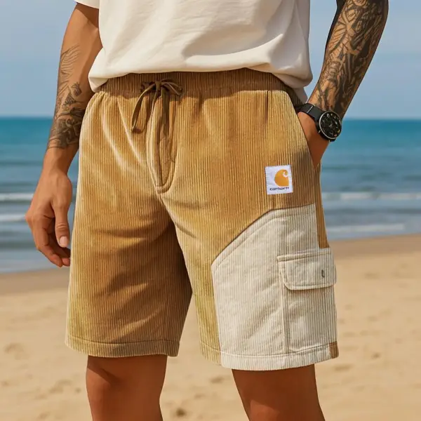 Men's Vintage Corduroy Surf Color Block Pockets Elastic Shorts - Albionstyle.com 