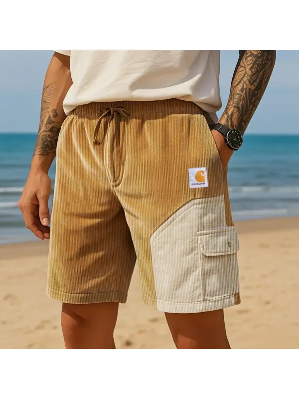Men's Vintage Corduroy Surf Color Block Pockets Elastic Shorts - Ootdmw.com 